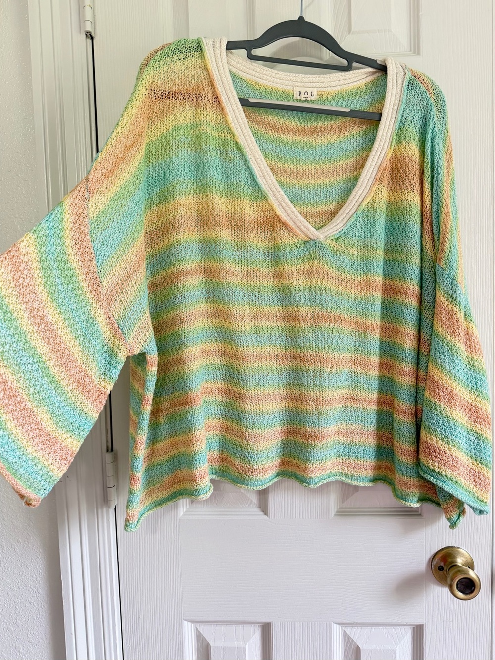 POL Boutique Oversized Knit Sweater Top Medium Pastel Striped Boho Beachy V Neck
